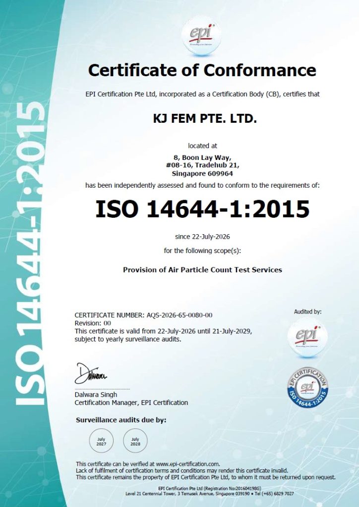 KJTS Group Subsidiary KJ FEM Achieves ISO 14644-1:2015 Certification for Air Particle Count Test Services